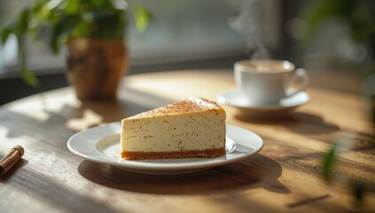 Cinnamon cheesecake slice on plate, highlighting rich flavor and texture for food styling