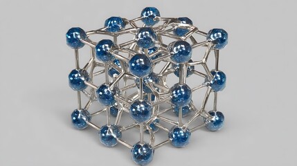 A compact cube model with blue metallic spheres and silver rods on a gray background representing science and technology concepts
