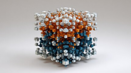 Colorful 3d cube structure with gradient effect, orange blue and white cubes, abstract geometric shape, modern digital art, futuristic design element, isolated on white