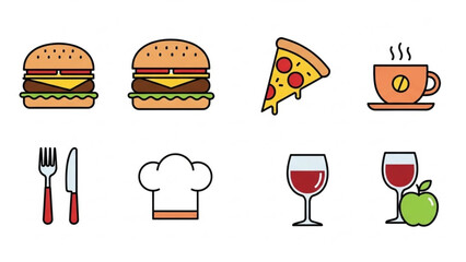 A collection of stylized food and drink icons including burgers, pizza, coffee, wine, and more, ideal for culinary and hospitality themes