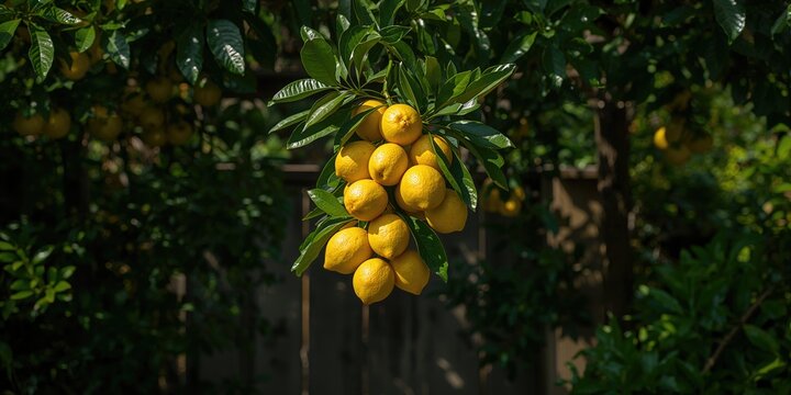 Fresh lemon hanging from a tree branch with leaves, focusing on organic fruit development, Earth Day