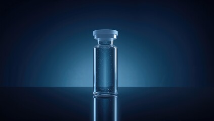 Pharmaceutical vial placed against a dark blue backdrop, medication containment and laboratory safety