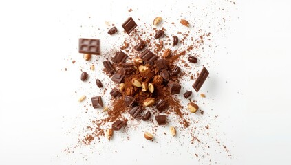 Chocolate fragments with cocoa crumbs and nuts, designed as a textured background for culinary layouts, World Chocolate Day