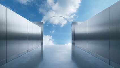 Reflective silver metal panel with a round cutout on a clear blue sky background, industrial repair scene