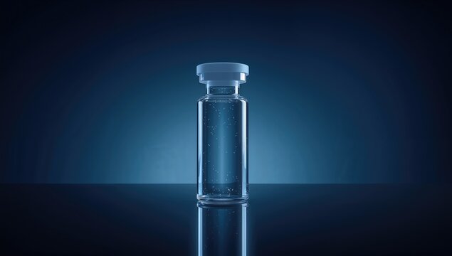 Pharmaceutical vial placed against a dark blue backdrop, medication containment and laboratory safety