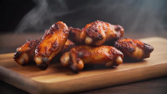 Steaming Glazed BBQ Chicken Wings on Wooden Board