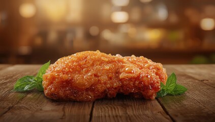 Close-up of crispy chicken skin with green leaves, highlighting food preparation and textural details