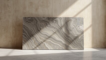 Smooth gray marble with distinctive curved lines and stripes serving as interior flooring, highlighting material preservation