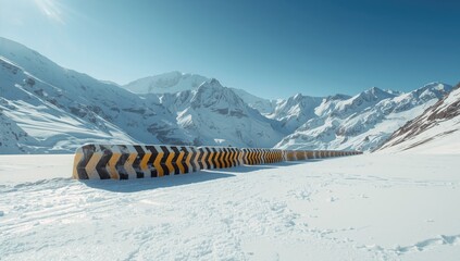 Snow-covered avalanche mitigation structures in the Swiss Alps, supporting mountain safety and erosion control