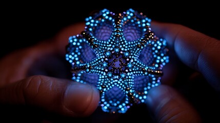 Glowing blue bead expanding in a person's hand with intricate patterns and bright illumination on a dark background