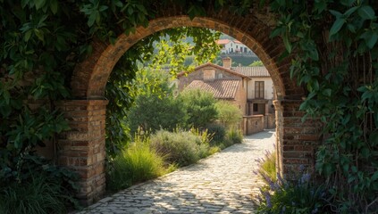 Obraz premium Charming stone arch leading into a village scene with abundant foliage and traditional Mediterranean design, ideal for cultural heritage recognition
