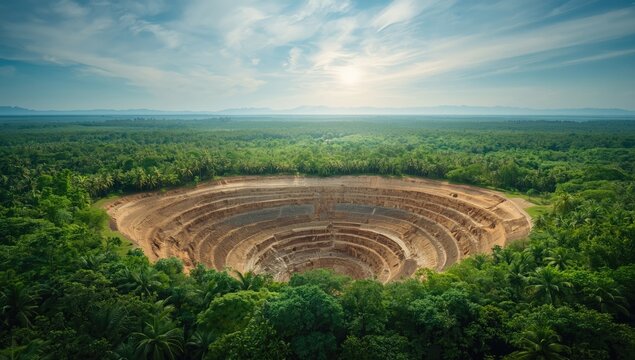 Former gold mining site in tropical forest, illustrating rainforest destruction and environmental degradation, World Environment Day