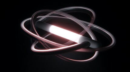 Glowing silver metallic abstract element with neon rings on black background, futuristic technology concept, modern 3d rendering