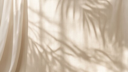 Soft sunlight shadows of tropical palm leaves cast on a neutral curtain creating a minimalist background for design projects © AImmersive Imagery