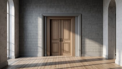 Interior with grey shiplap wall and wooden door frame, serving as a neutral backdrop for graphic design projects