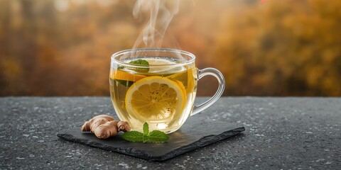 Sicilian lemon tea with ginger and mint leaves presented on slate stone, suitable for refreshing beverage preparation