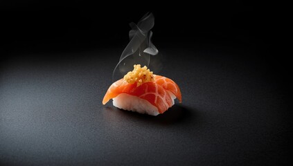 Sushi featuring salmon and shrimp tempura on a black background, highlighting fresh seafood preparation