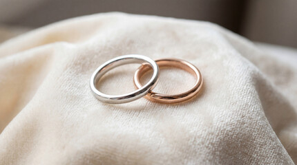 Two wedding bands, one platinum and one rose gold, rest intertwined on a soft, cream colored velvet cloth. The light catches the rings, making them shimmer.