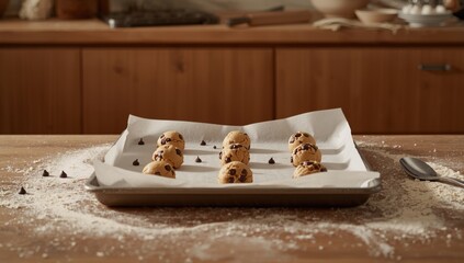 Raw chocolate chip cookie dough spread on a baking tray, focused on ingredient preparation for baking process