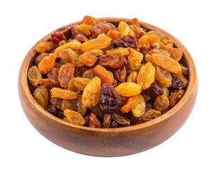 Fototapeta premium Wooden bowl filled with plump, golden and brown dried raisins against a stark white background