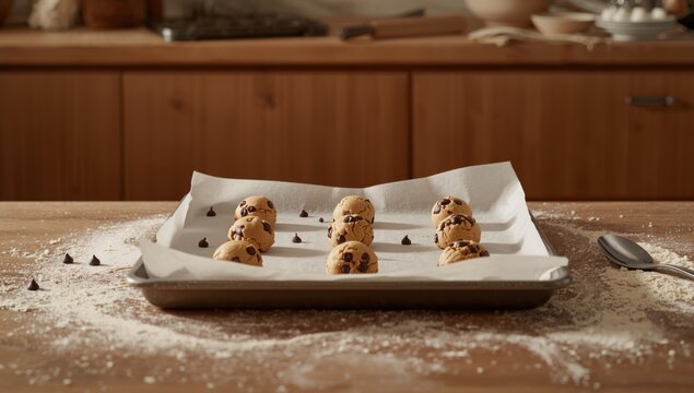 Raw chocolate chip cookie dough spread on a baking tray, focused on ingredient preparation for baking process