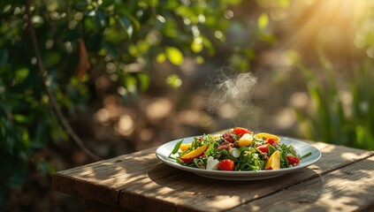 Colorful vegan fruit salad on a wooden surface under summer sunlight, highlighting healthy eating, World Food Day