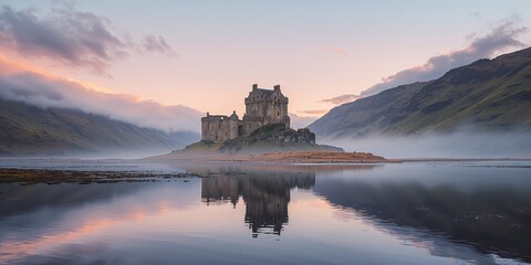 An ancient Scottish fortress on a misty lake shoreline, architectural decay and landscape