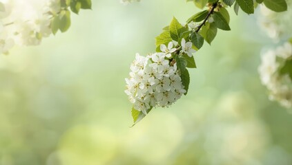 White hawthorn blossoms against a lush green backdrop, emphasizing springtime floral growth, garden, seasonal change