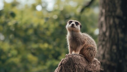 Fototapeta premium Meerkat perched on a log in a desert environment, illustrating alertness and social behavior