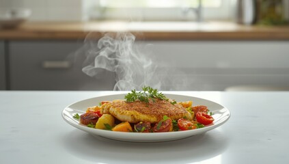 Plant-based fish substitutes paired with roasted vegetables, focusing on sustainable eating choices