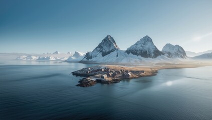 Winter landscape showing snow-covered mountains and a fishing village on the coast from an aerial perspective, seasonal change