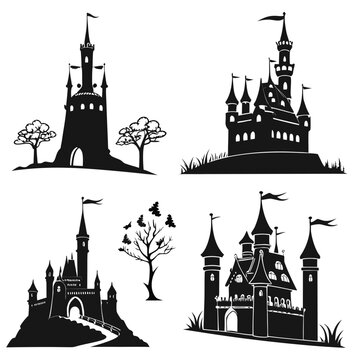 Collection of black and white castle illustrations
