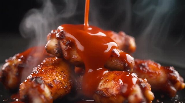 Sauce Pouring Over Hot Steaming BBQ Chicken Wings Delicious Food Video