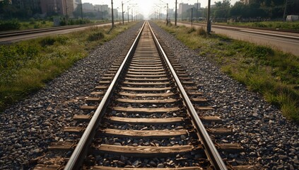 Fototapeta premium Railway top view showing rail track and ballast gravel emphasizing efficient cargo transportation, World Transportation Day