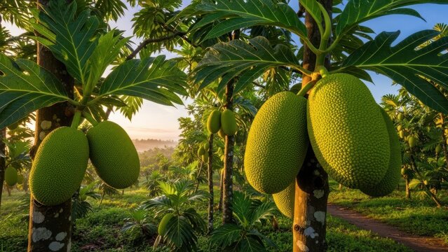 Tropical fruit breadfruit hanging on trees in a lush, green, sunlit orchard