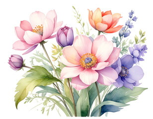 Beautiful watercolor pastel spring flowers bouquet clipart isolated on white