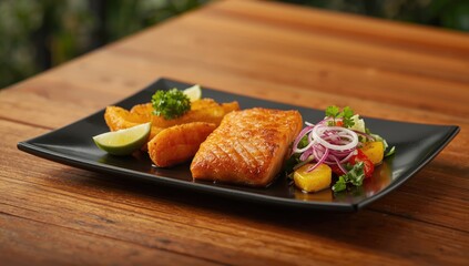 Cooked salmon with crispy potatoes lime and fresh vegetable salad on dark plate, highlighting meal composition and texture