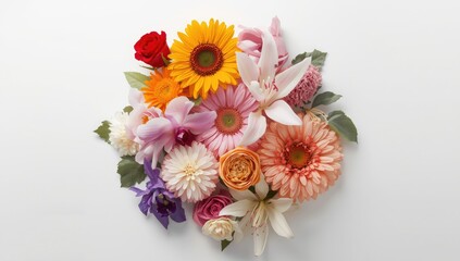 Macro shot of diverse blooming flowers such as lily, zinnia, and mallow, serving as a decorative pattern for floral arrangements