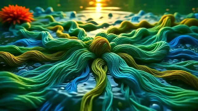 Vivid strands explode fiber thread mesh, blending into abstract forms against a green background, with soft ripples flowing in a tranquil, aquatic atmosphere at dusk.