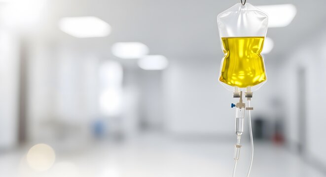 Yellow IV drip bag hanging in hospital