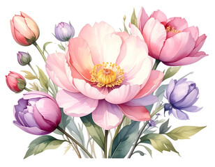 Elegant pastel spring flowers and leaves bouquet watercolor illustration