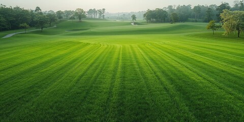 Golf course with lush green grass surface, suitable for layout and design backgrounds