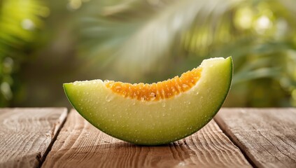 Fresh green melon piece placed on rustic wooden surface, highlighting healthy snack option