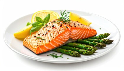 Grilled salmon, asparagus, lemon, and herbs on a plate
