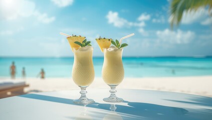 A pina colada served in drinking glasses with ocean in the background, highlighting tropical relaxation