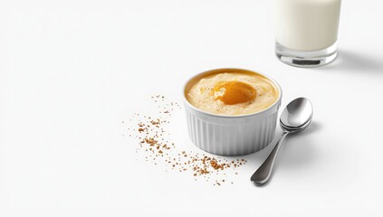 Rice pudding served in a ramekin topped with caramel, focusing on preparation and presentation, dessert safety standards