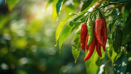 Vivid chilies on the branch demonstrating ripeness and plant health, agricultural growth