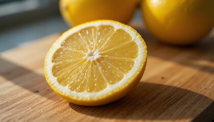 Freshly cut lemon half on wooden cutting board in sunlight