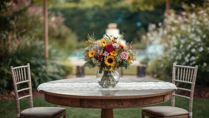 Flower bouquet in a glass round vase used as wedding decor, garden backdrop, part of celebration setup, floral arrangement for event styling