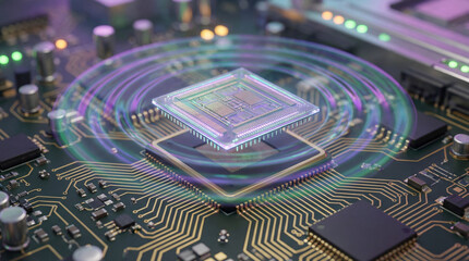 A shimmering processor unit rests upon a detailed motherboard, its circuitry glowing with ethereal energy. Waves of colorful light pulse around the central chip.